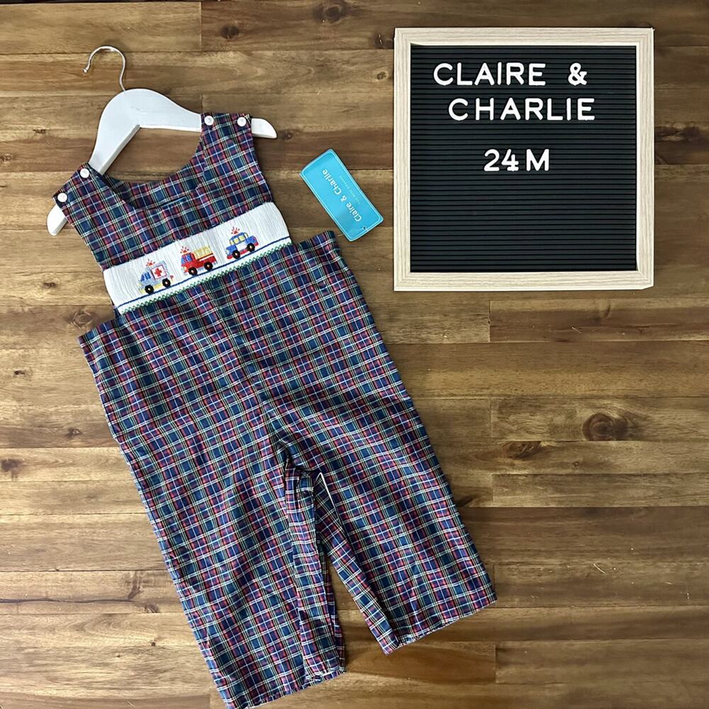 NWT Claire & Charlie Blue Plaid Smocked Emergency Vehicles Longall Classic 24M